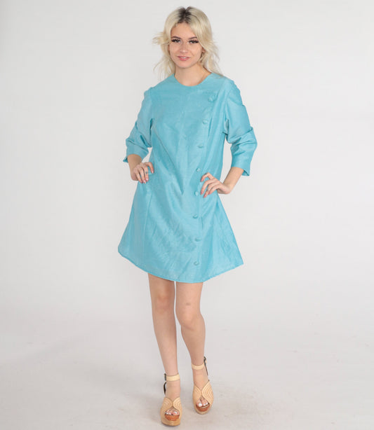 60s Blue Mod Mini Dress Button Front Long Sleeve Shift Dress Large L