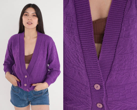 80s Purple Cardigan Textured Knit Button-Up Sweater Heart Chevron Small