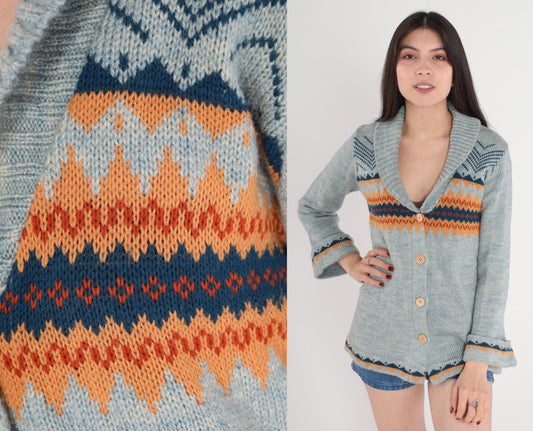 70s Fair Isle Cardigan Blue Geometric Nordic Knit Shawl Collar Medium M