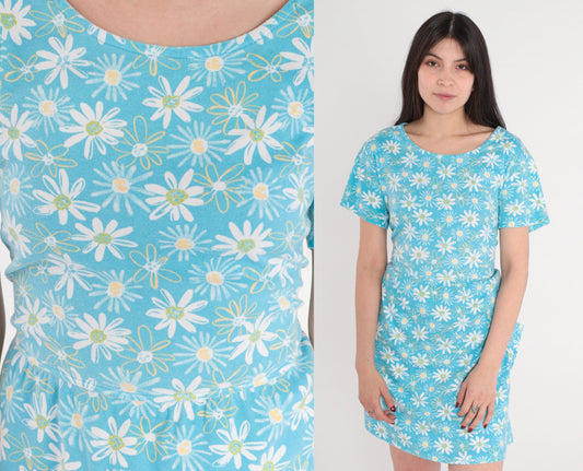 90s Bobbie Brooks Daisy Floral Mini Dress Blue High Waisted Pockets Large