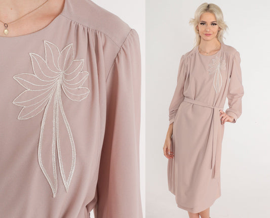80s Lady Jennifer Taupe Midi Dress Floral Embroidered Long Sleeve Tie Belt Large