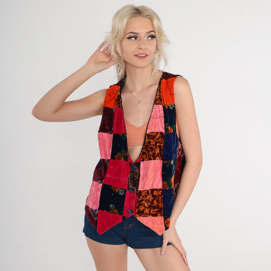 70s Velvet Patchwork Floral Button-Up Vest Pink Red Blue Medium M