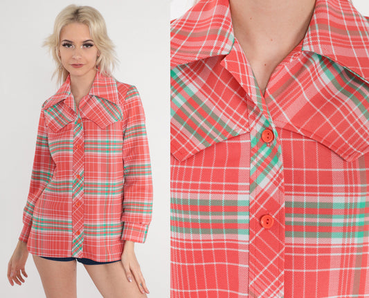 70s Salmon Pink Plaid Western Button-Up Blouse Long Sleeve Small