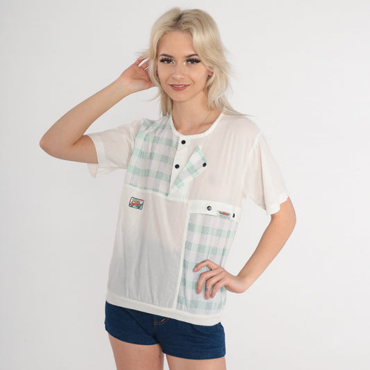 80s White Henley Shirt Plaid Lion Car Graphic Short Sleeve Small S