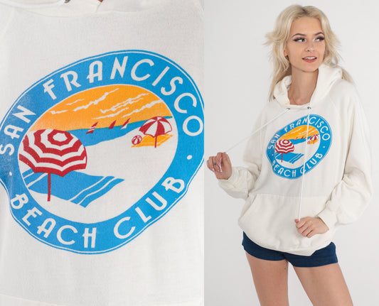 90s San Francisco Beach Club Hoodie White Raglan Graphic Sweatshirt Large