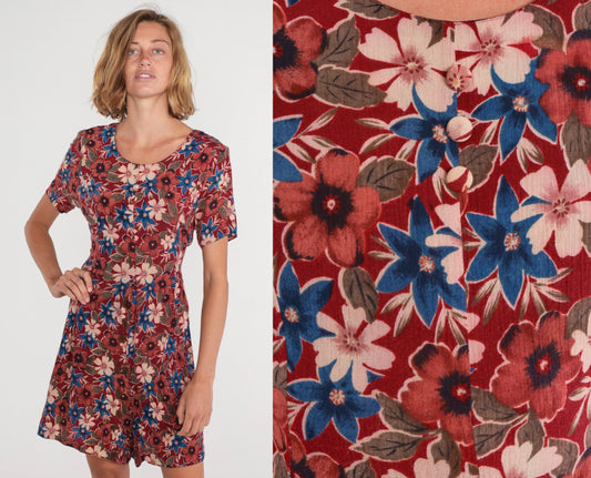 90s Karen Scott Red Floral Button-Up Romper Knee-Length Small S