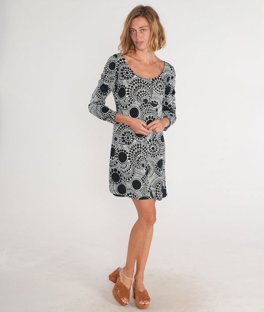 70s Mod Mini Dress Black White Abstract Dot Print Long Sleeve Medium