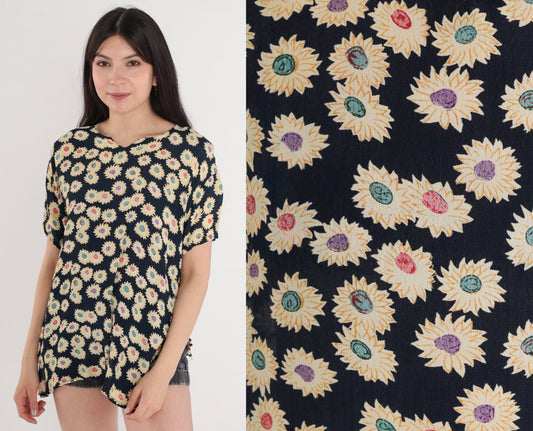90s Daisy Floral Blouse Navy Puff Sleeve Peasant Top Side Slit Medium Large