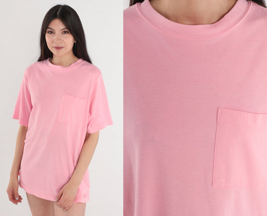 90s Pink Pocket T-Shirt Cotton Blend Vintage Large L