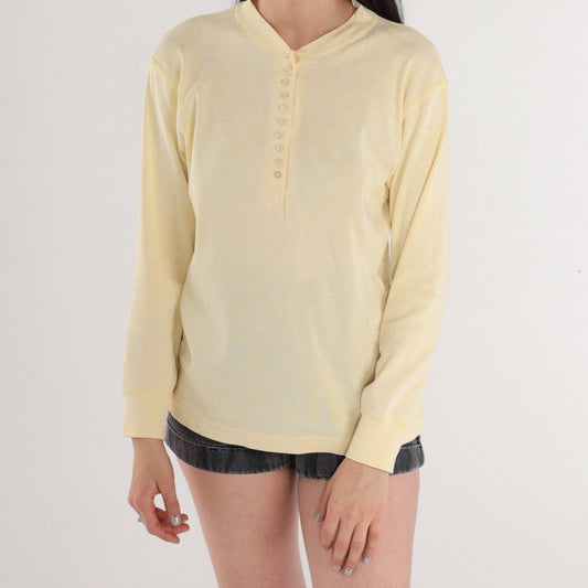 80s Pale Yellow Henley Floral Print Long Sleeve Shirt Medium