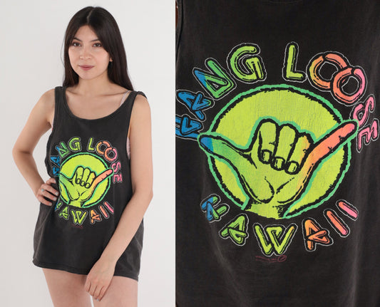 80s Hang Loose Hawaii Shaka Graphic Tank Top Black Neon Medium Large