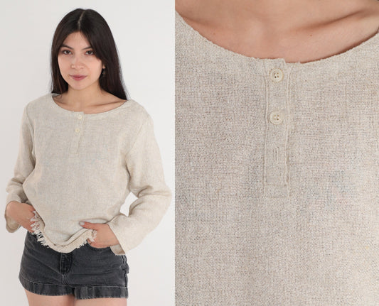 90s Jones New York Oatmeal Woven Henley Fringe Blouse Medium M