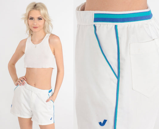 80s Jantzen White Tennis Shorts Blue Ringer Trim High Waist Small S