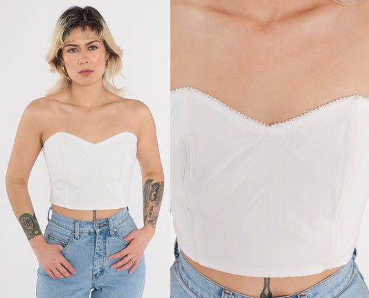 80s White Bustier Crop Top Pearl Beaded Sweetheart Neckline Smocked Medium