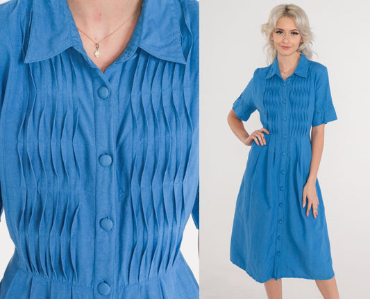 90s Coldwater Creek Blue Midi Shirtdress Pleated High Waisted Small S