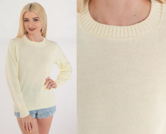 70s Cream Acrylic Knit Crewneck Pullover Sweater Small S