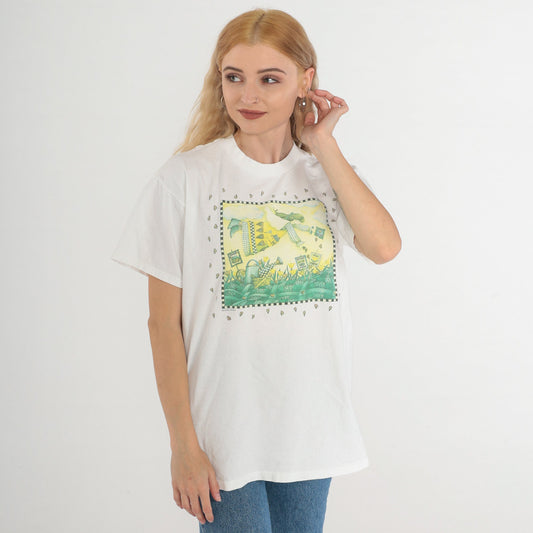 90s Plant the Earth Angel Gardening Graphic T-Shirt White Cotton Medium