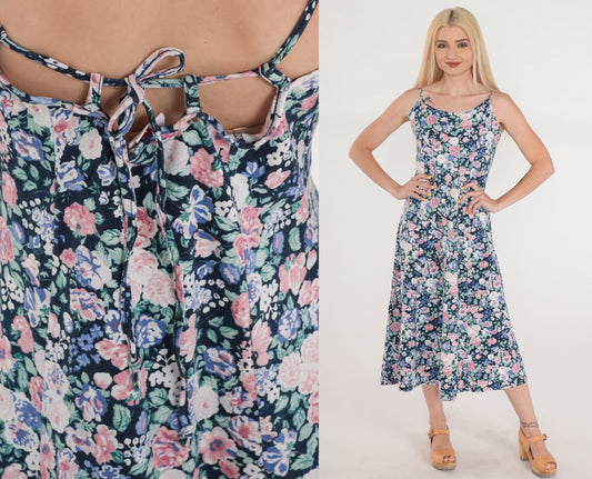 90s Navy Floral Midi Sundress Sleeveless Empire Waist Spaghetti Strap Medium M