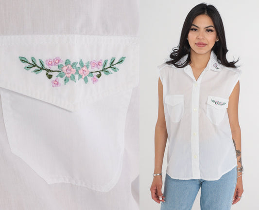 80s White Floral Embroidered Tank Top Button-Up Blouse Medium Large