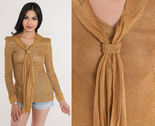 60s Alex Colman Metallic Gold Necktie Blouse Long Sleeve XS