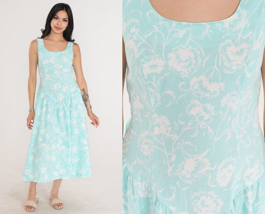 80s Joni Blair Floral Midi Sundress Light Aqua Cotton Basque Waist Small