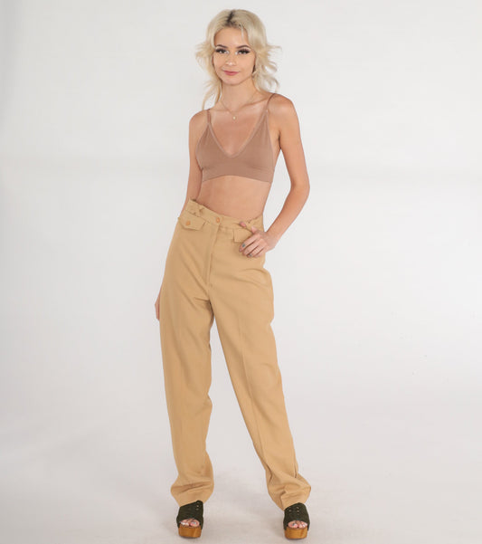 70s Tan High-Waisted Straight Leg Trousers Creased Flaminga Small