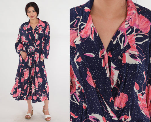 80s Navy Floral Polka Dot Midi Wrap Dress Collared V-Neck 3/4 Sleeve Medium