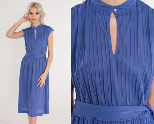 70s Purple Keyhole Midi Dress Cap Sleeve High Waisted Pleated Small Medium