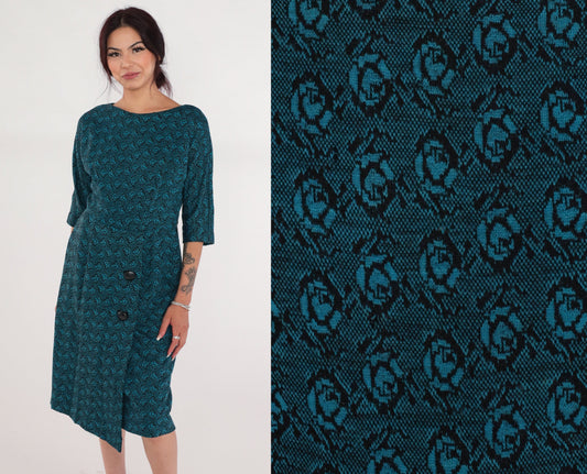 60s Blue Floral Rose Print Wool Blend Midi Dress High Waisted Small