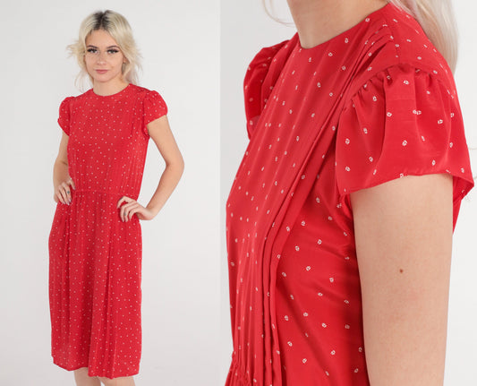 80s Red Sailboat Print Midi Dress Cap Puff Sleeve High Waist Extra Small