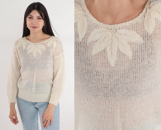 80s Pearl Beaded Off-White Knit Sweater Leaf Embroidered Pullover Medium