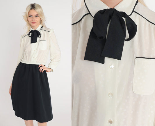 80s Black Off-White Polka Dot Puff Sleeve Mini Shirtdress Ascot Tie Small