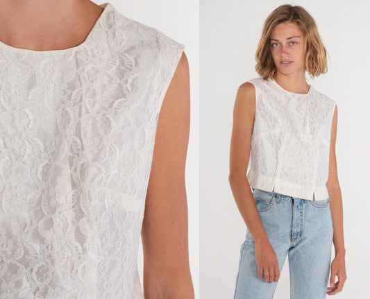 60s White Lace Crop Tank Top Sleeveless Blouse Button Back Medium