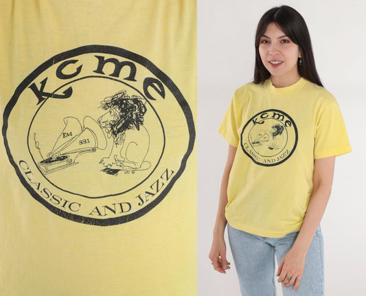 90s KCME 88.1 Radio Station Yellow Graphic T-Shirt Single Stitch Medium M