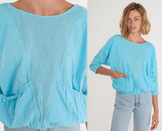 80s Blue Mesh Shirt 3/4 Sleeve Sheer Pocket Blouse Banded Hem Large L