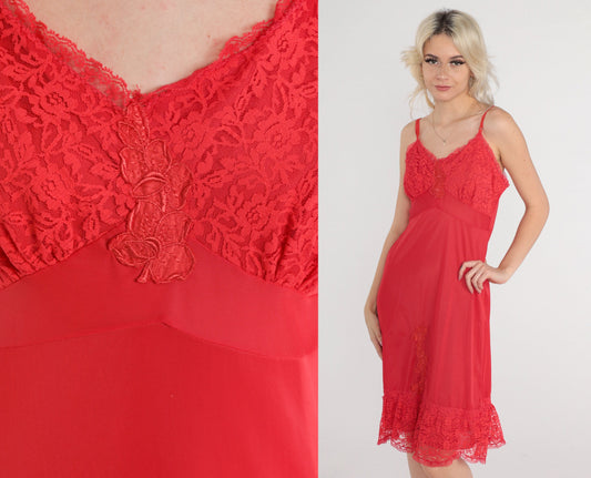 70s Red Slip Dress Floral Lace Empire Waist Spaghetti Strap Knee-Length Medium