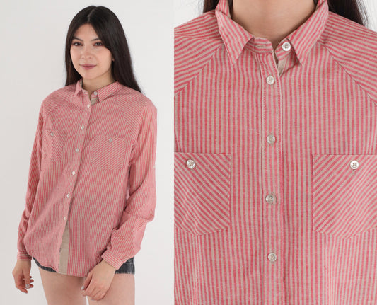 80s Striped Button-Up Blouse Red Tan Raglan Roll-Tab Cuff Small
