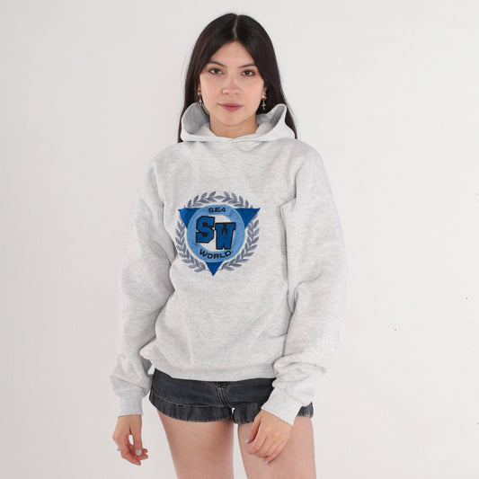 80s Sea World Hoodie Heather Grey Graphic Sweatshirt Men's Large