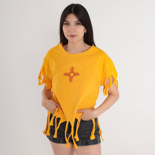 90s New Mexico Zia Graphic T-Shirt Yellow Fringe Trim Medium M