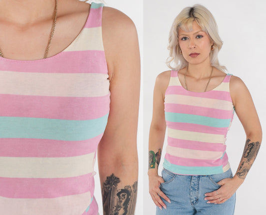 80s Striped Tank Top Multicolor Pink Blue Sleeveless Cotton Extra Small