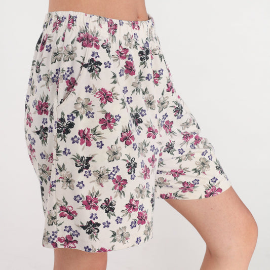 90s Hibiscus Floral Shorts White Tropical High Waist Small