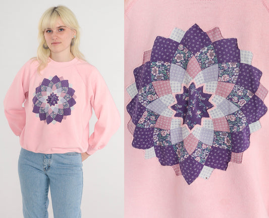80s Quilted Floral Mandala Sweatshirt Baby Pink Raglan Crewneck Large