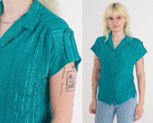 80s Teal Green Striped Button-Up Blouse Cap Sleeves V-Neck Small