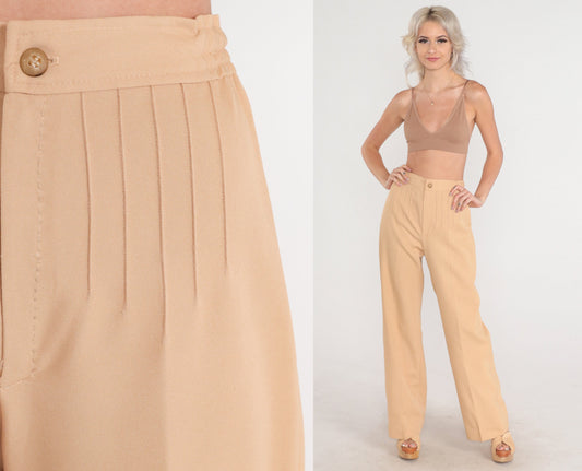 70s Tan High-Waisted Straight Leg Trousers Pleated Crease Extra Small