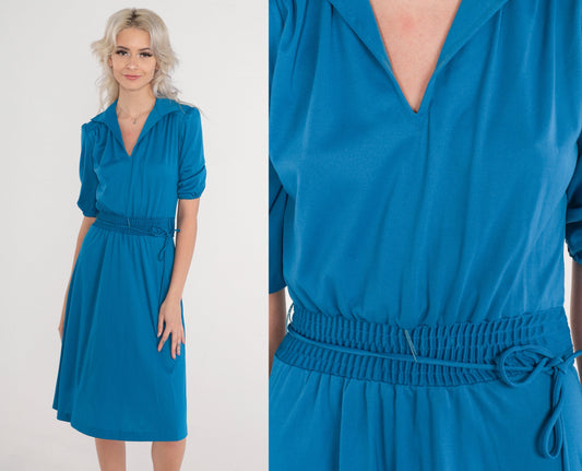 70s Blue Midi Dress Puff Sleeve High Waist Collared V-Neck Extra Small