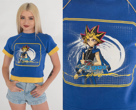 90s Yu-Gi-Oh Crop Top Raglan Graphic Tee Blue Yellow 2XS
