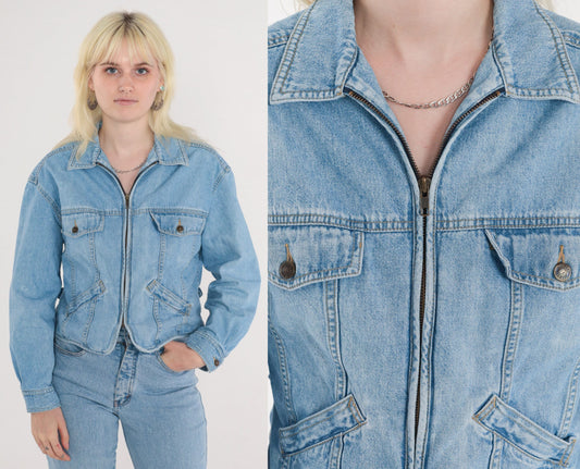 90s Liz Wear Cropped Denim Jacket Blue Zip-Up Medium