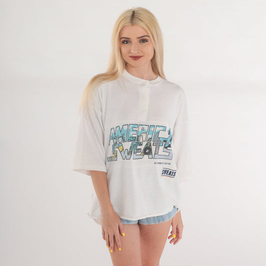 80s America Sweats Bichego Henley T-Shirt White Graphic Logo Medium