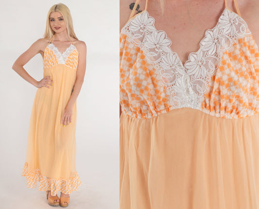 70s Orange Halter Maxi Slip Dress Empire Waist Lace Trim Small