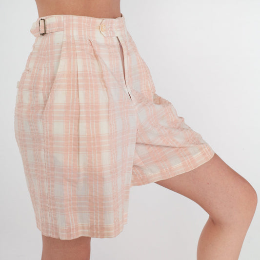 90s Liz Claiborne Plaid Pleated Shorts High Waist Cotton Pink Checkered XS